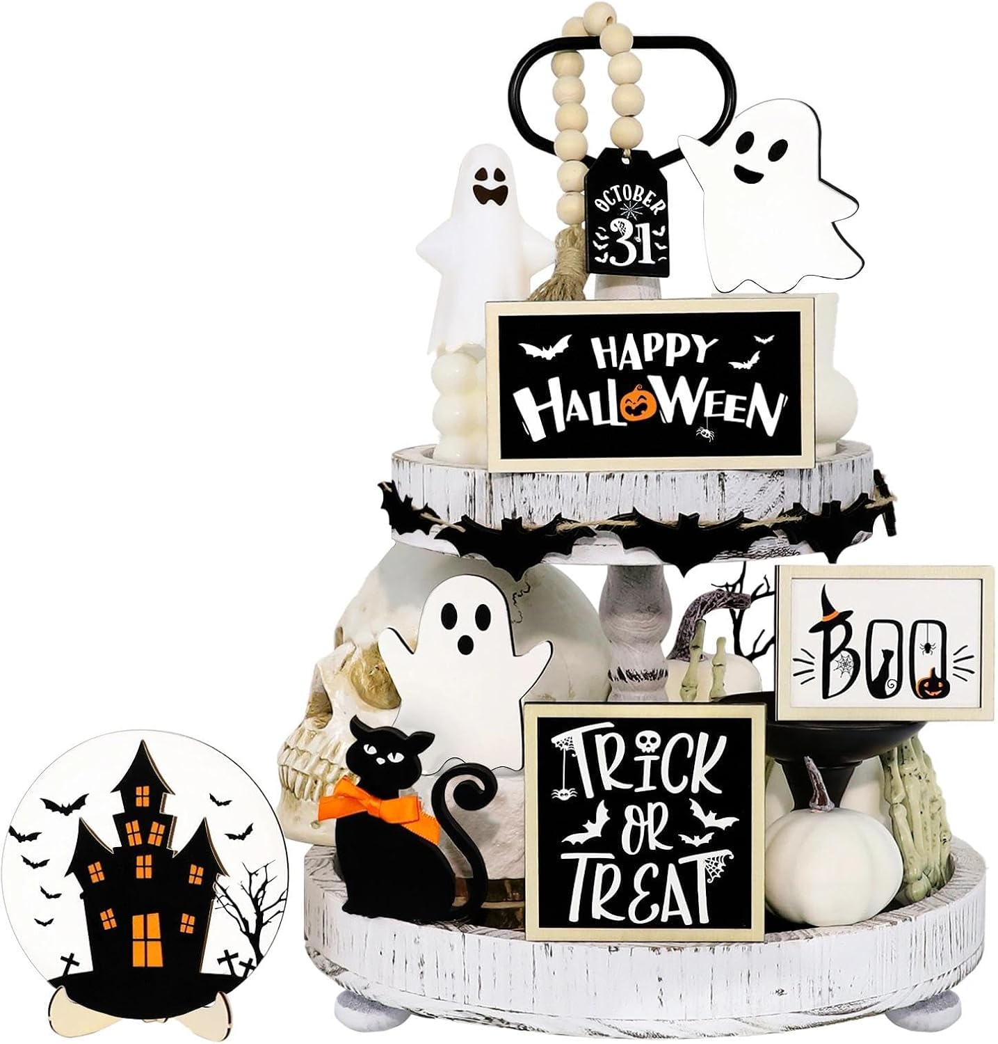 19PCS Halloween Tiered Tray Decor - Halloween Decorations Indoor Wooden Signs Set with Ghost Bat Pumkin Centerpieces for Tables Home Kitchen Bedroom Shelf Decor