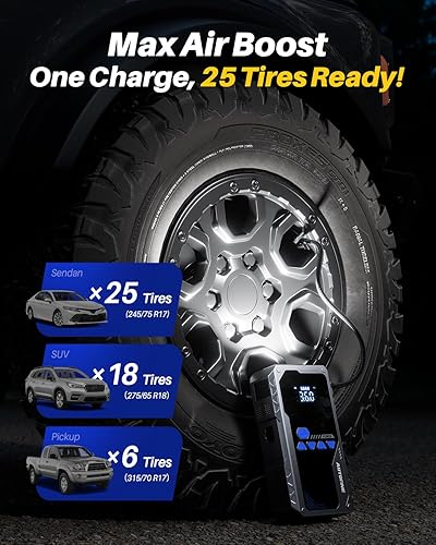 Miniatura 7 de AUTOONE Arrancador de salto de 8000 A con compresor de aire (todo a gas/12L diesel), 150PSI arrancador de coche portátil, inflador de neumáticos