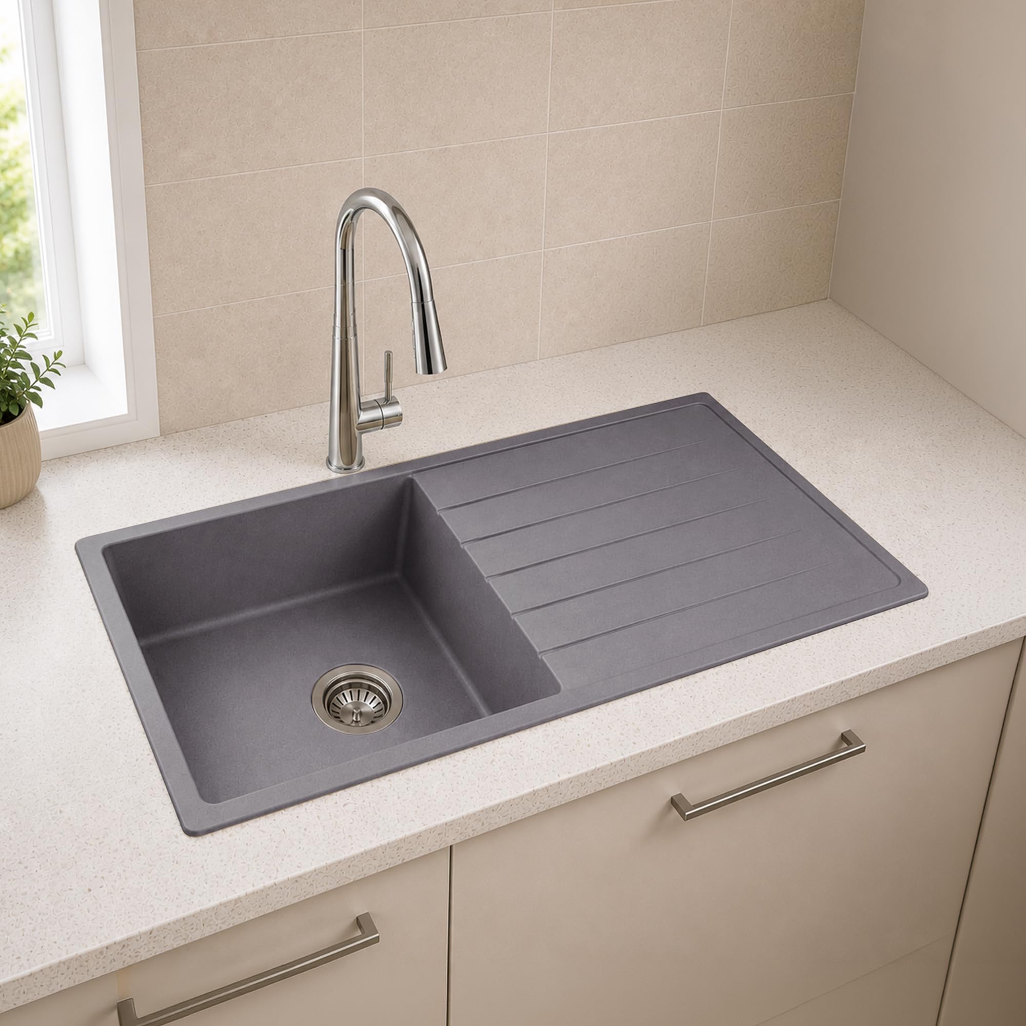 Carissa By Carysil™ GraniteLux Quartz Kitchen Sink 40 x 20 x 8 inches, Single Bowl with Drain Board, 80% Quartz & 20% Resin, Heat Resistant 300°C, 50kg Load Bearing, Stain Resistant - Silver Grey-image-18