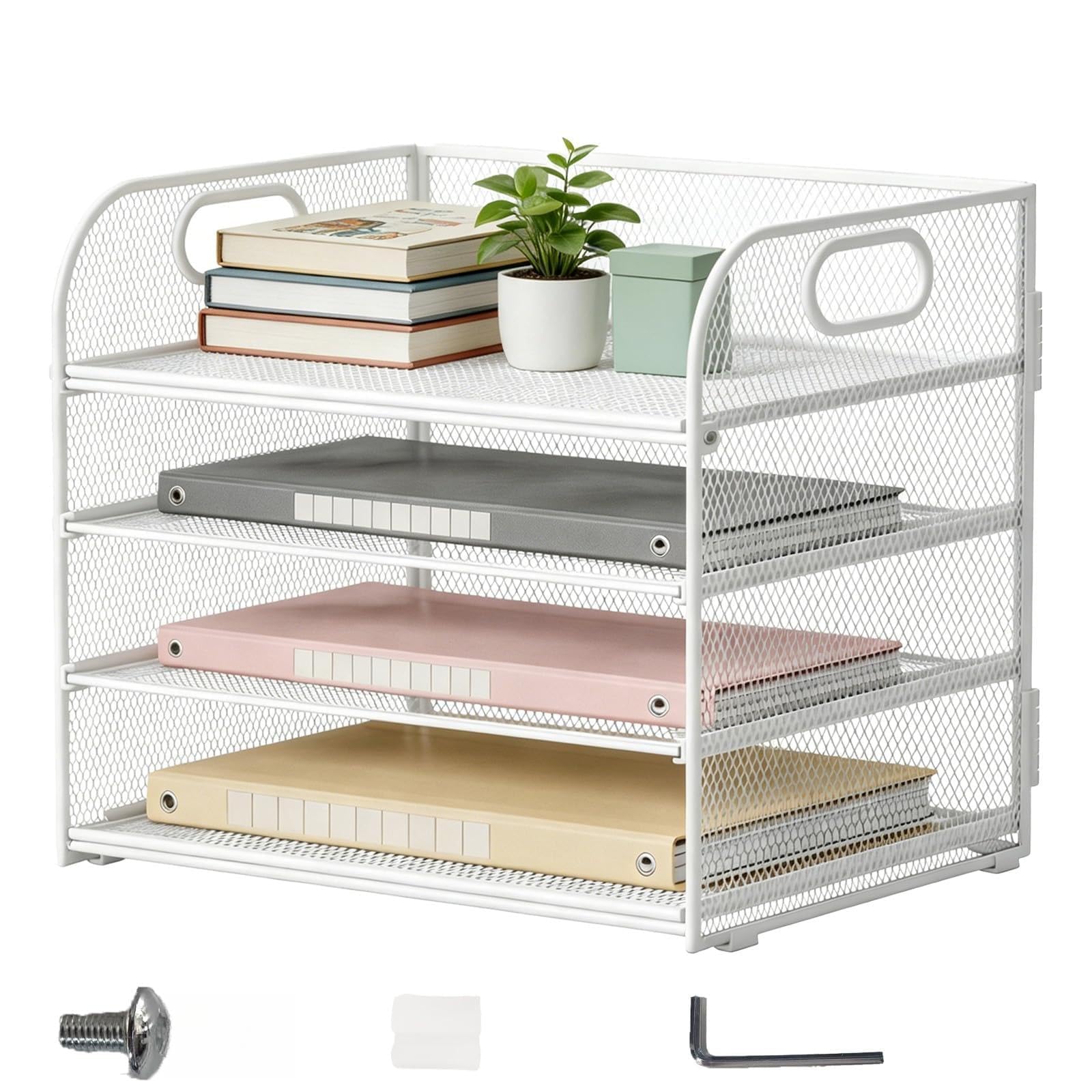 Organizer na biurko, 4-poziomowy organizer na biurko, półki z uchwytem, metalowa kratka, organizer na dokumenty, do biura, domu i szkoły, na papier, książkę, magazyn (kolor biały)