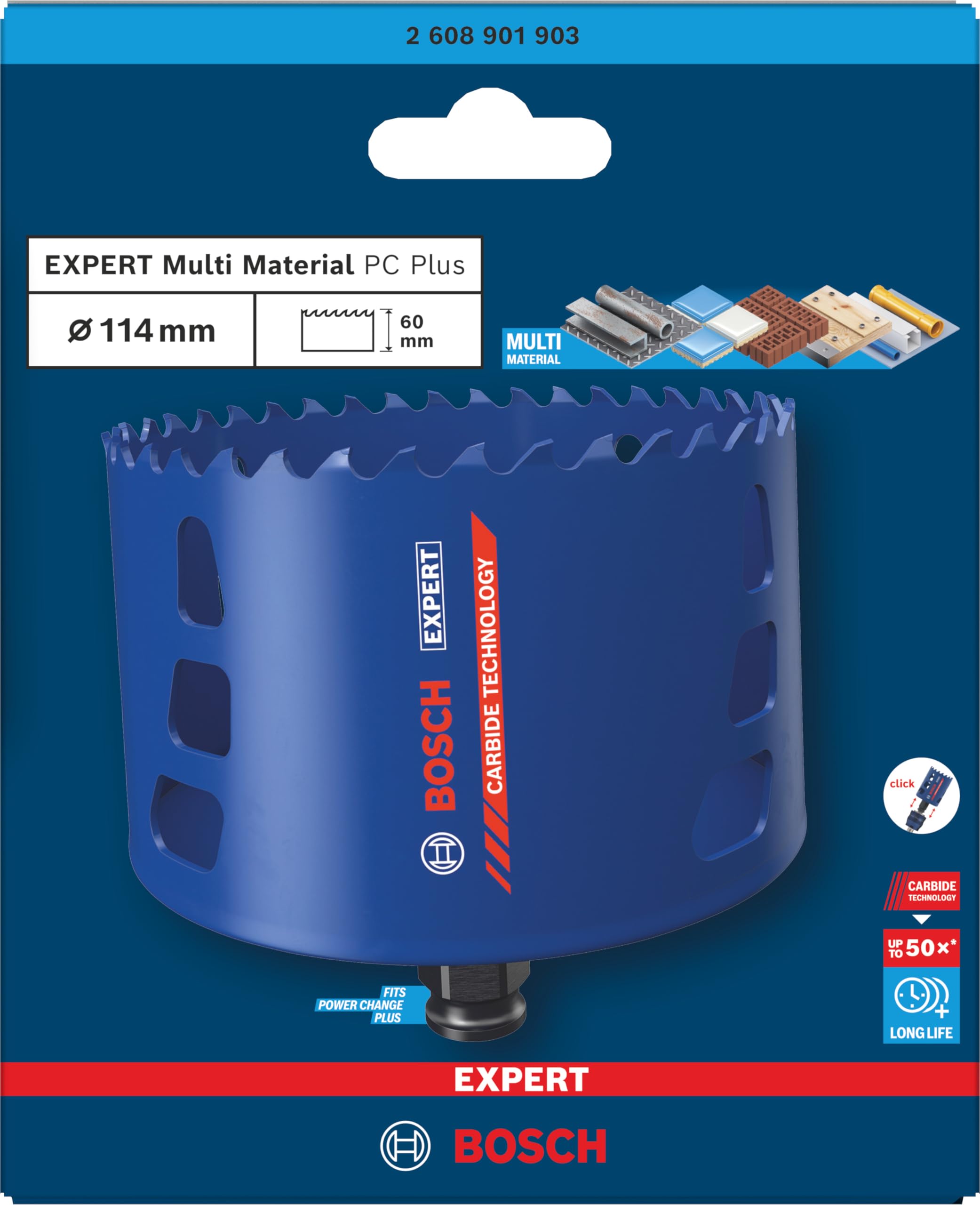 Bosch 1x Piła otwornica EXPERT Multi Material Power Change Plus (do Drewno z metalem, Cegła, Ø 114 mm, Professional Akcesoria Wiertarki)