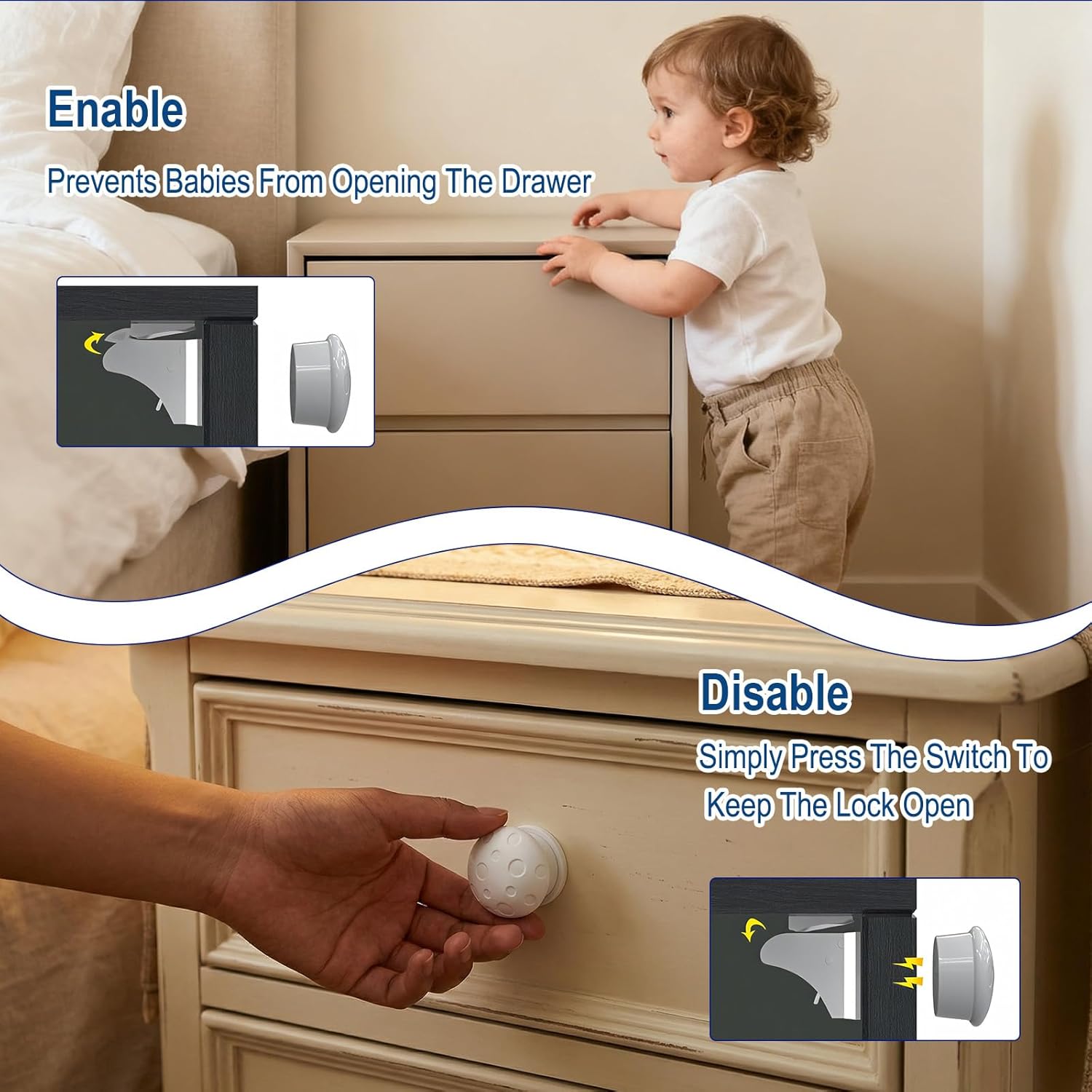 Child Drawer Lock, Magnetic Safety Lock for Children, 3 Keys, 12 Locks, Protector for Home Cabinet and Drawer, Installation with Adhesive Without Drilling