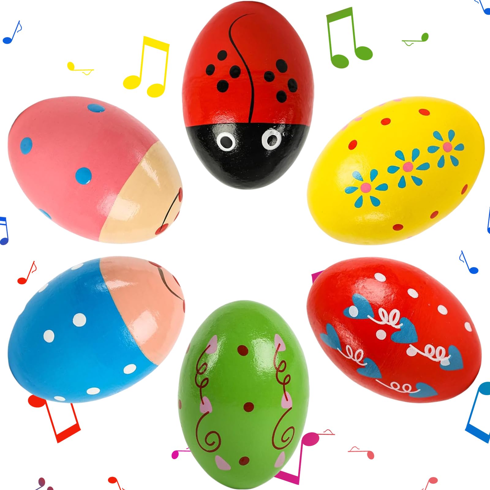 6 Stück Eier Maracas, Musical Egg Shaker, Holz Percussion Musikintrument, Musikinstrument Egg Shaker, Eier Maracas Eier Shaker Set für Party Gefälligkeiten, Musikinstrument, Osterjagd