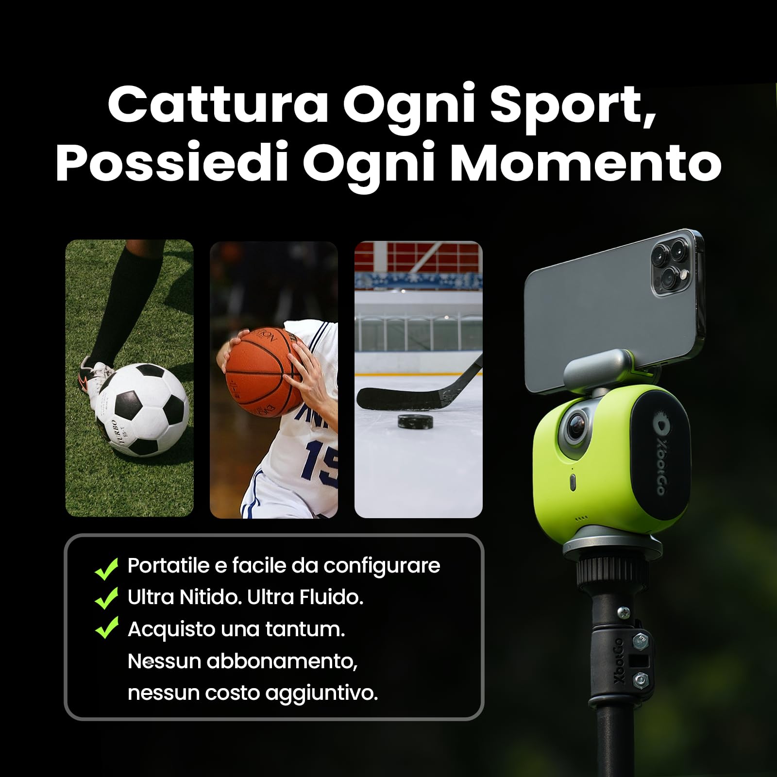 XbotGo Chameleon Action Cam 4K 60FPS - Monitoraggio Del Calcio E Registrazione Del Basket Per Gli Action Cam Per Sport Di Squadra, Live Streaming, Compatibile con iOS E Android (Grafite Lava)