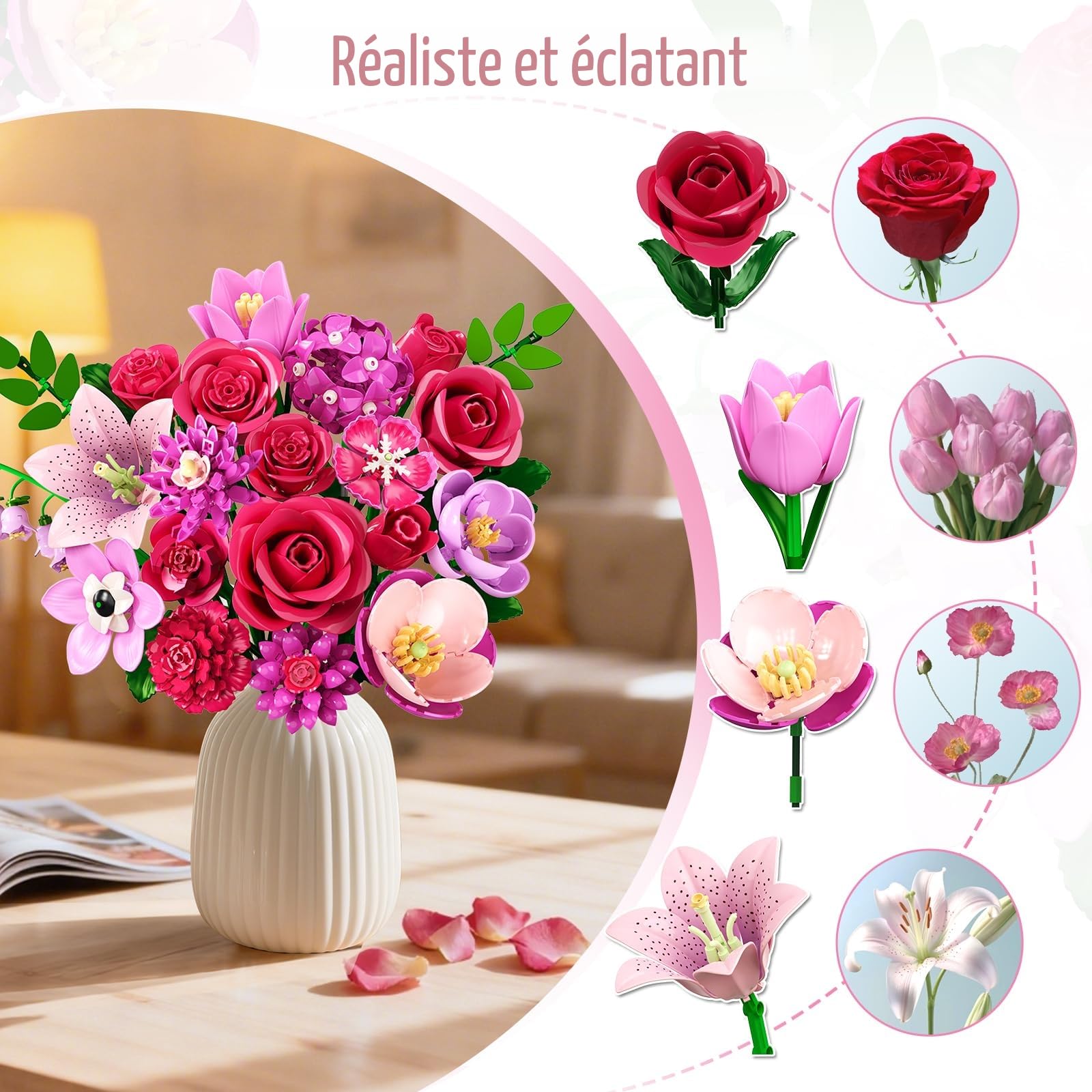 CUBIMANA Bouquet de Fleurs LED 21 Roses Rouges Collection Botanique 832PCS