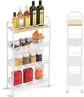 4-Tier Slim Rolling Cart with Wooden Tabletop,Mobile Metal Utility Storage Cart,Slide Out Narrow Cart for Tight Spaces on Bathroom Kitchen Laundry Room Bedroom Apartments Dormitory, White