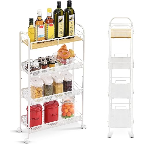 KINGRACK 4-Tier Slim Rolling Cart with Wooden Tabletop,Mobile Metal Utility Storage Cart,Slide Out Narrow Cart for Tight Spaces on Bathroom Kitchen Laundry Room Bedroom Apartments Dormitory, White