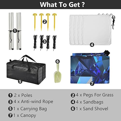 Miniatura 4 de Cabaña de playa con patrón de cristal azul eléctrico de polígono irregular, UPF50, parasol ligero y grande con postes resistentes, sacos de arena y