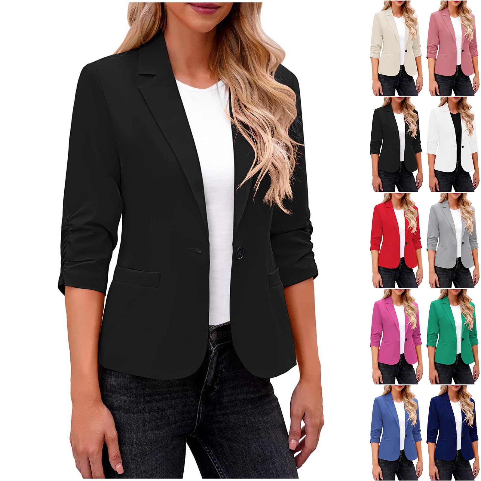 OPHPY Womens Ruched 3/4 Sleeve Blazers Business Casual Suit Jacket Elegant Slim Fit Work Office Blazer with Padded Shoulder
