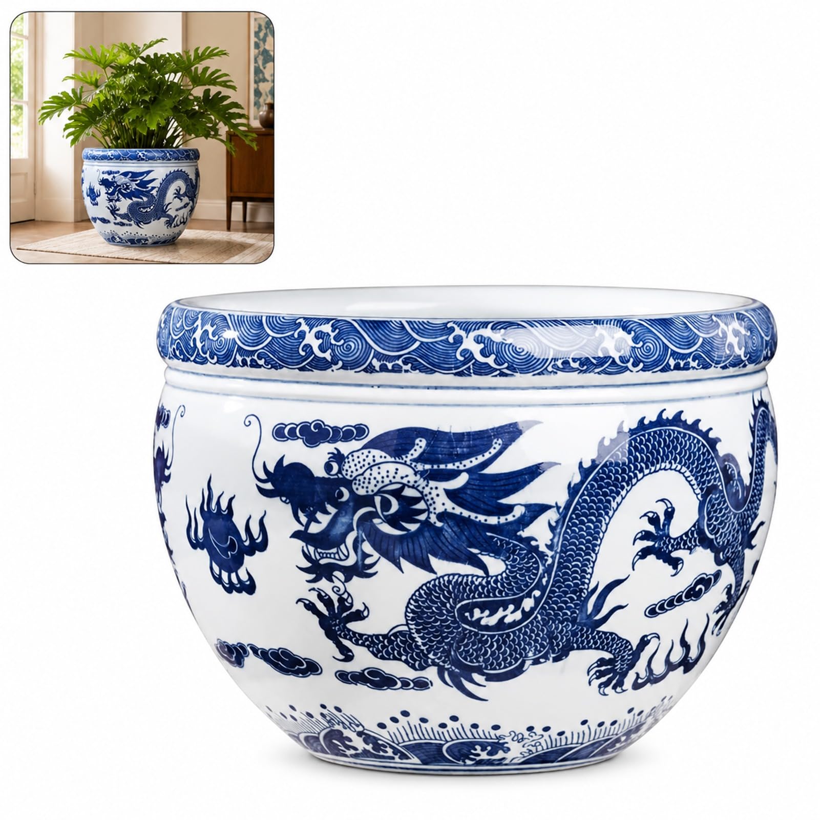 Ceramic Flower Pots Fish Bowl, Hydroponic Daffodil Plant Pot Chinese Planters Container Home Decor (blue,18.5 * 13.5cm)