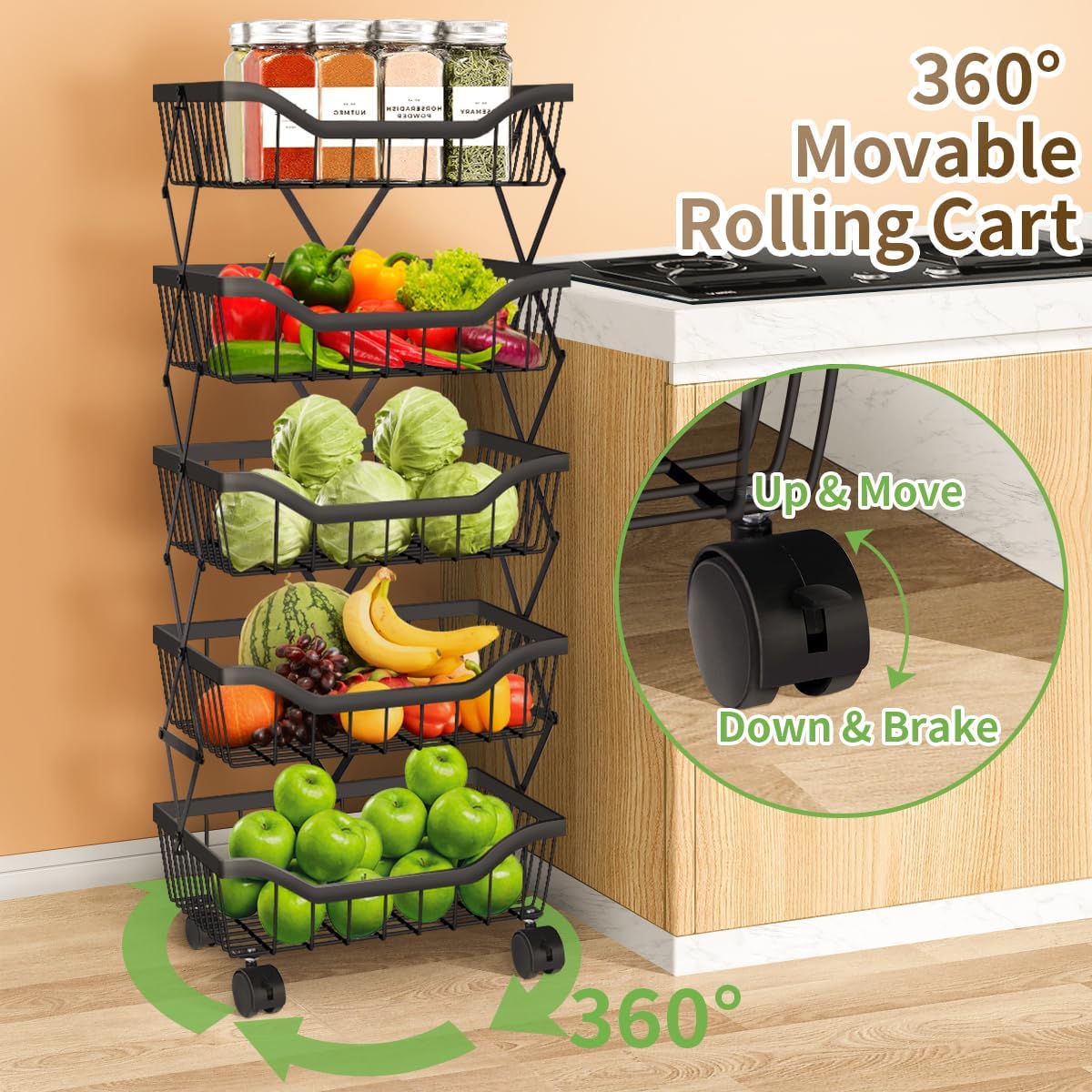 Fruit Vegetable Storage Basket 5 Tiers Stackable Metal Wire Fruit Basket Kitchen Cart with Wheels Vegetable Storage Holder for Onions Potatoes Bread Snack Veggie, Black