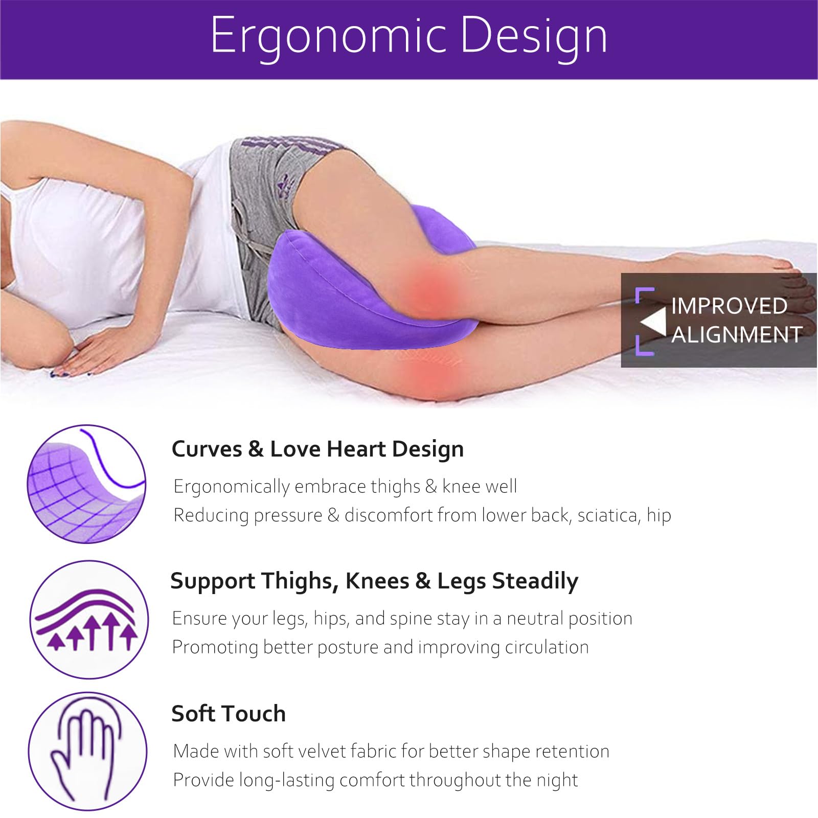 Knee Pillow for Side Sleepers, Leg Pillow for Side Sleeping Velvet Soft Fabric, Inflatable Travel Pillow for Thigh Sleep Support, Side Sleeper Pillow Between Legs for Hip Sciatica Back Pain Relief