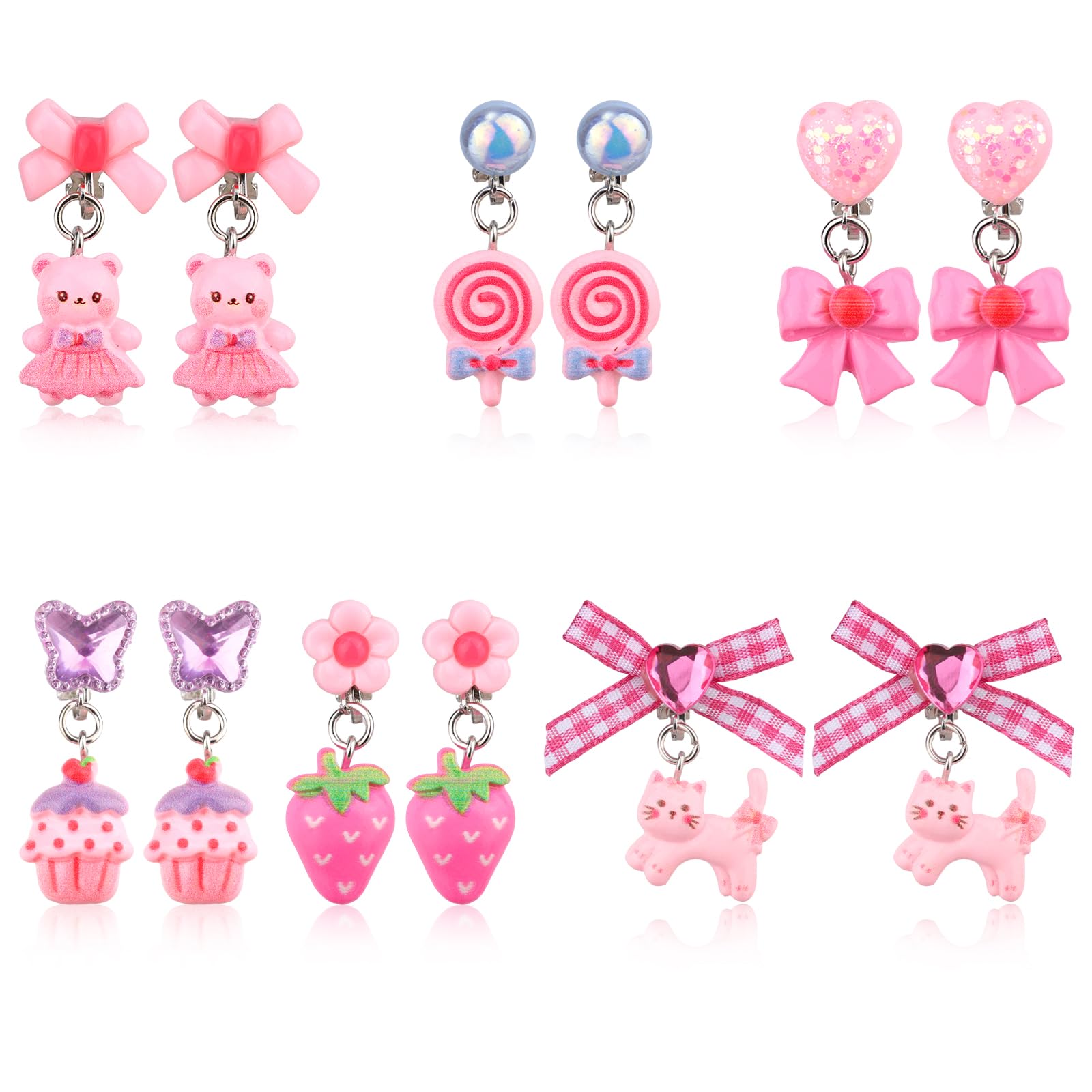 Mikovivi 6 Pairs Colorful Ear Clip Pendant, Non Pierced Clip Stick on Drop Earrings Resin Princess Bow Fruit Animal Style with Bear Cat Cake Candy Dress Up Jewelry Set