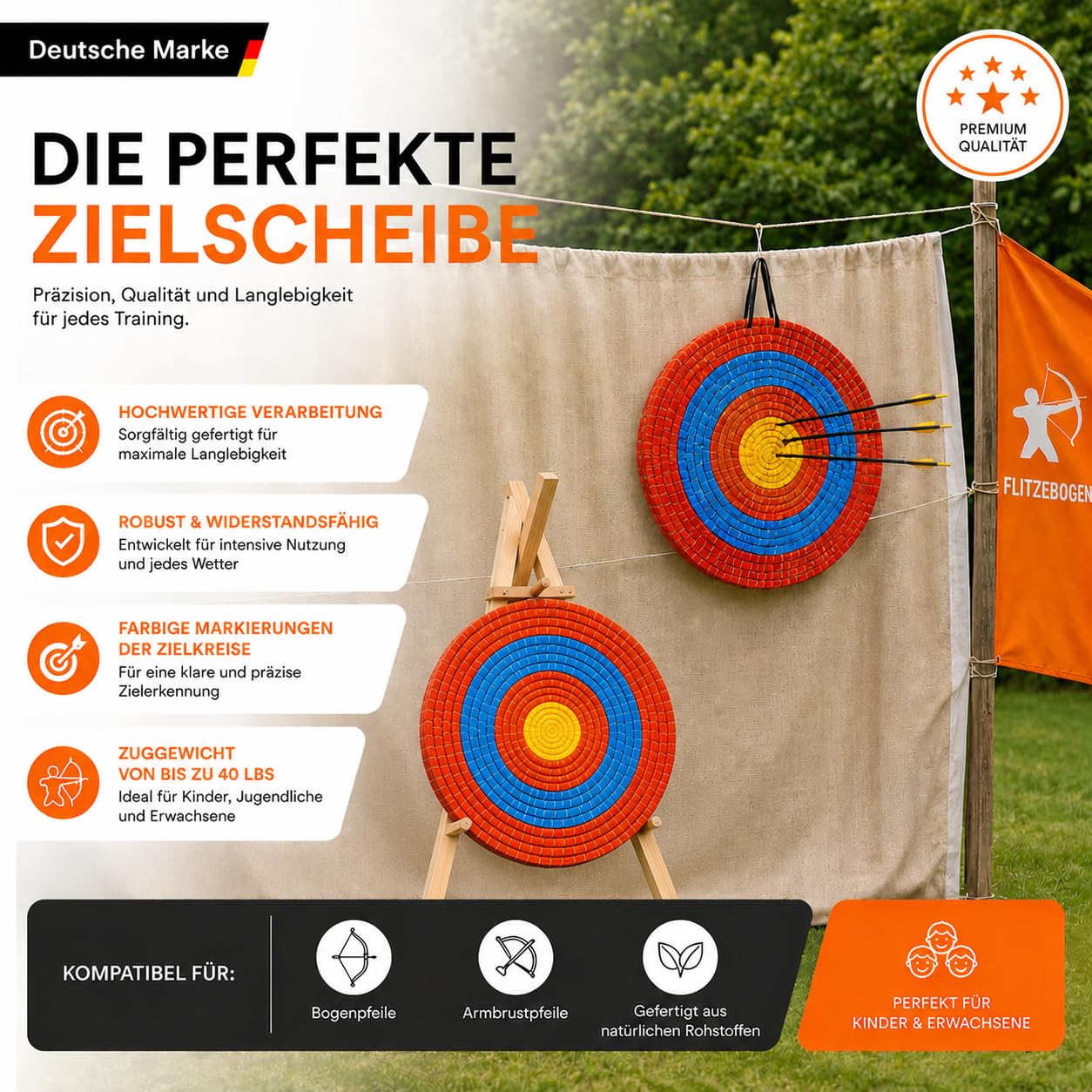 Flitzebogen Zielscheibe Bogenschießen, Strohzielscheibe 50x50x5cm | Stroh Ziel für Pfeil und Bogen & Armbrust, Bogenschießen Ziel für Training bis 30 lbs