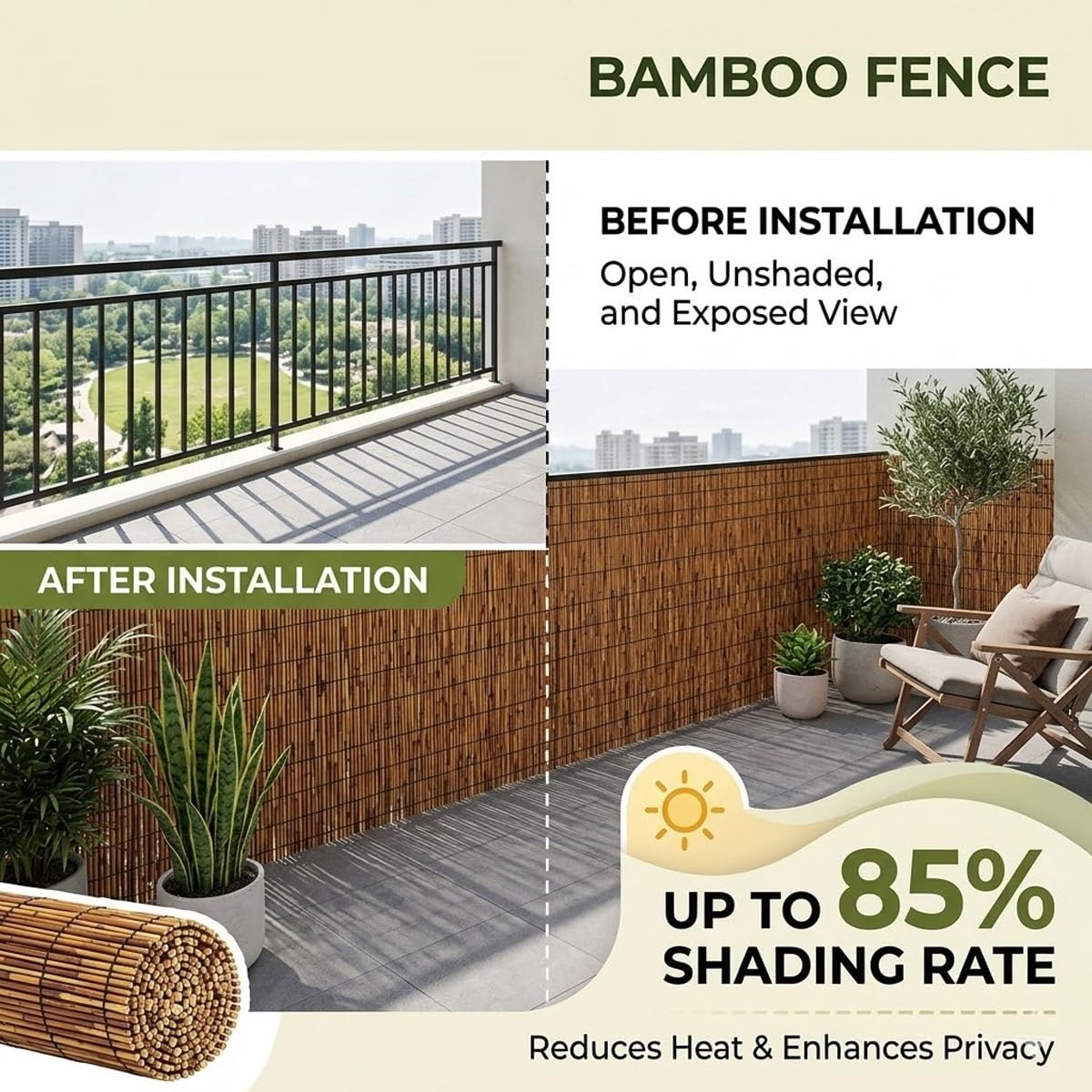 Générique Canisse en Roseau Naturel 30-200cm Brise Vue en Rouleaux avec Attaches de Fixation, Panneau Occultant pour Balcon Patio, Clôture Séparateur De Confidentialité Extérieur(Brun,150x180cm)