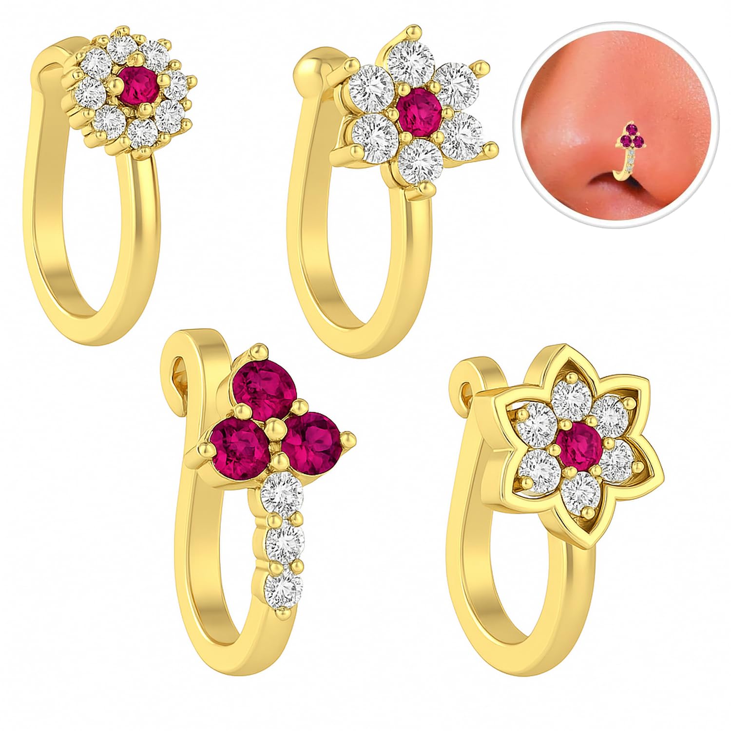 FASHIONS Gold Plated Ruby Stone Clip On Nose Ring Non Piercing Press on Nosepin Combo for Women - Set of 4-image-15