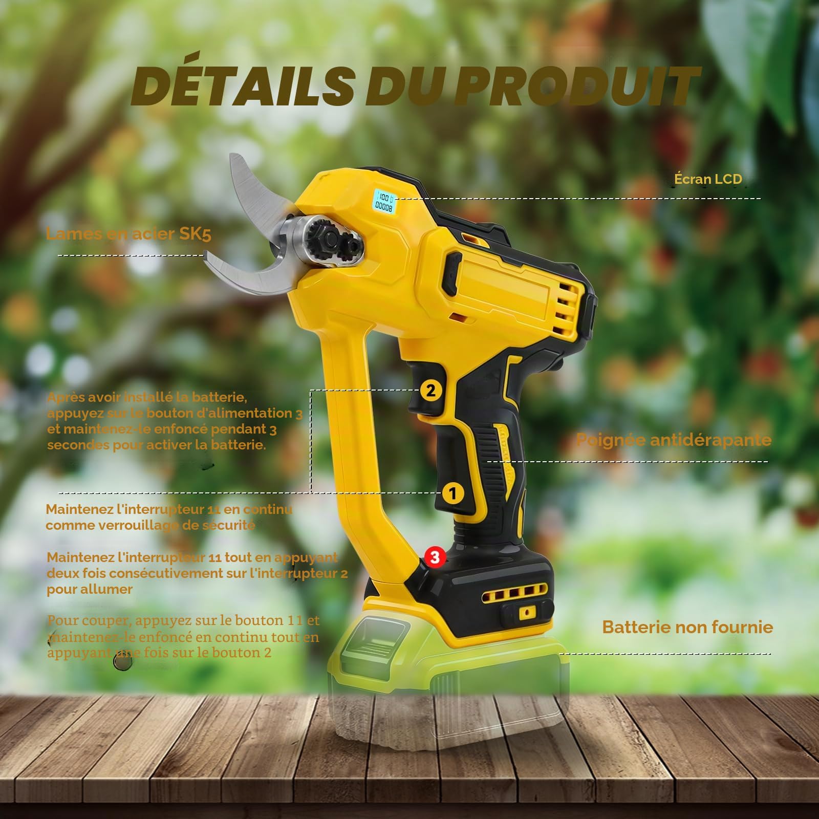 Sécateur électrique sans fil compatible avec batterie Dewalt 18 V (sans batterie), 600 W, max 35 mm, sécateur de jardin pour jardin, vigne