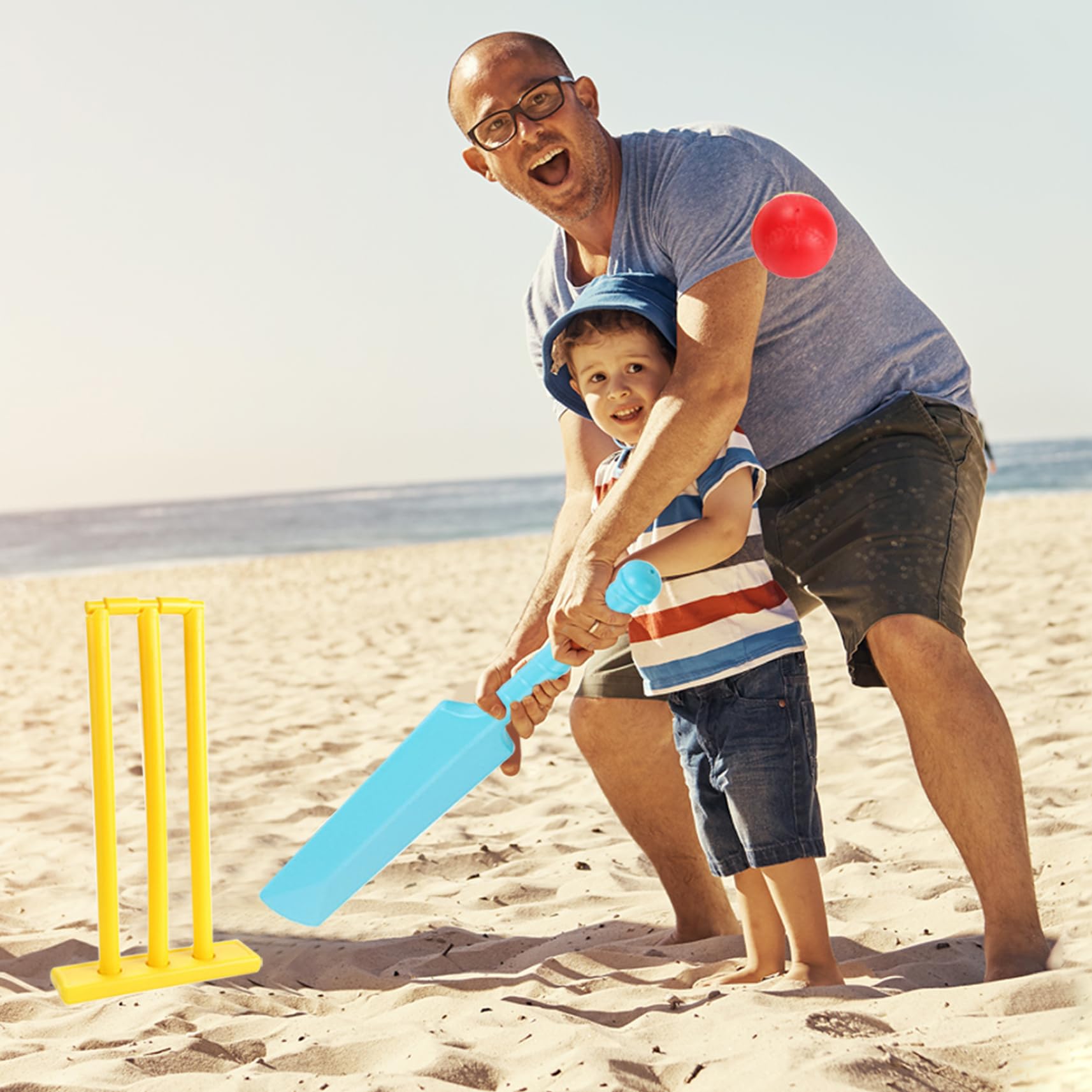 Kinder-Cricket-Set|Cricket-Set für Kinder, PP, BPA-frei, Schläger, Eltern-Kind-Spiel mit Stümpfen und 2 Bällen, Kit für Garten, Strand, Heimspiel, zufällige Farbe