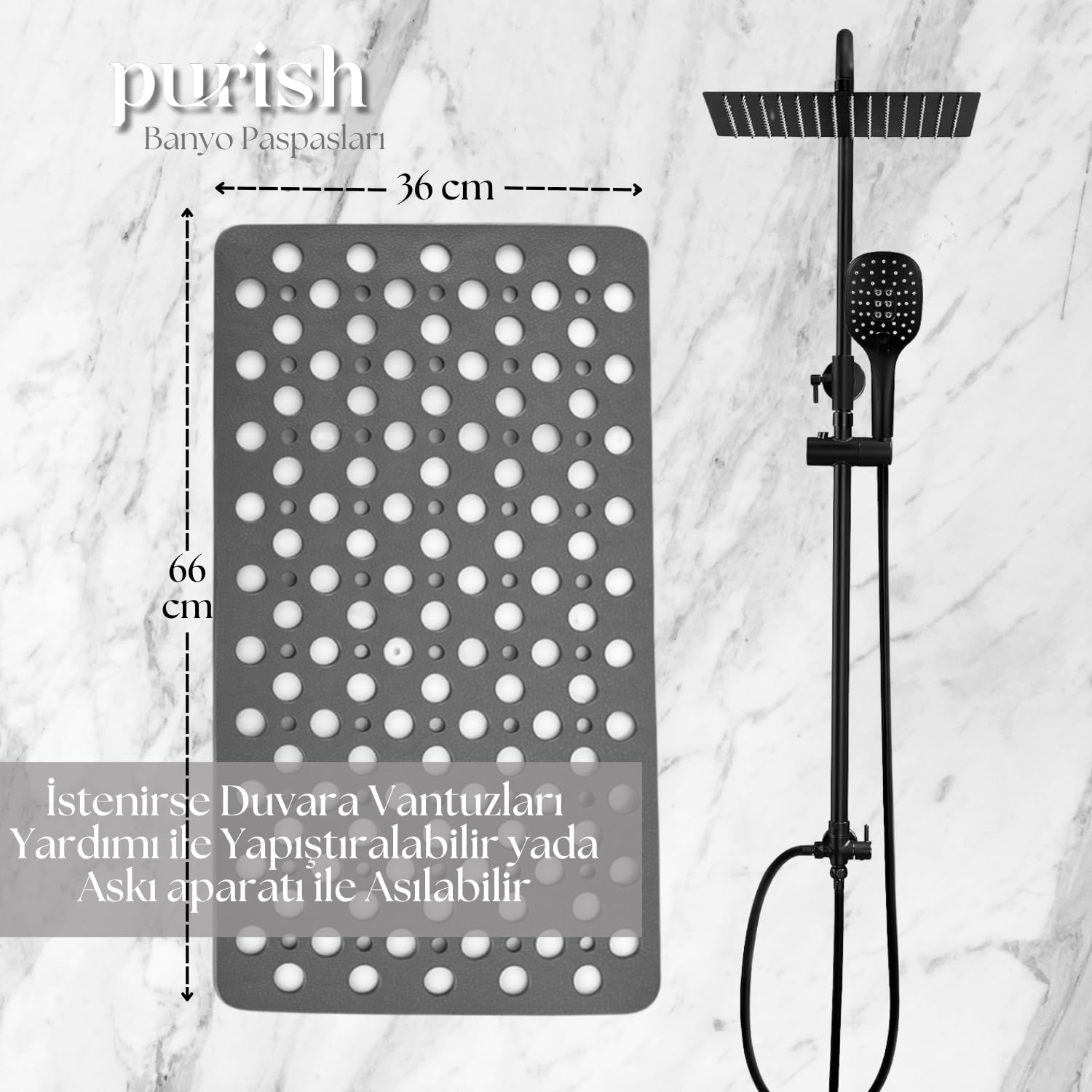 Purish | Kaymaz Banyo Paspası | Antrasit Gri | 66x36cm – Dikdörtgen Duş Matı, Küvet Paspası | Güçlü Vantuzlu, Su Tahliyeli, Yumuşak | Makinede Yıkanabilir | Kaydırmaz Zemin Matı (Antrasit Gri)