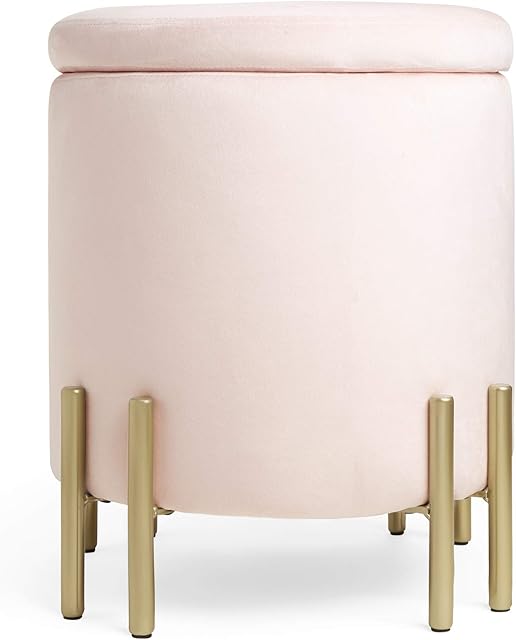 BTFY Pink Velvet Storage Stool  Round Footstool Pouffe, Vanity Seat with Lid and Gold Legs, Upholstered & Cushioned Footrest Ottoman for Dressing Table, Bedroom, Living Room, Fitting Room, Office