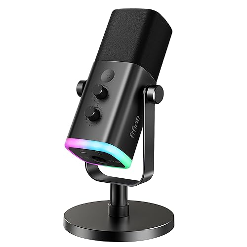 FIFINE USB/XLR Dynamic Microphone for Podcast Recording, PC Computer Gaming Streaming Mic with RGB Light, Mute Button, Headphones Jack, Desktop Stand, Vocal Mic for Singing YouTube-AmpliGame AM8 - Black