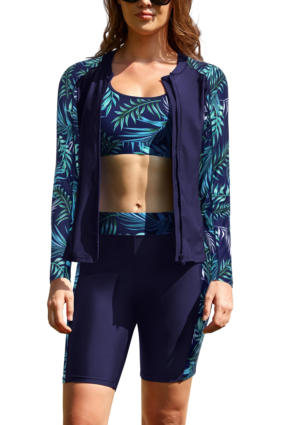 SHEKINI Costume da bagno sportivo da donna, a maniche lunghe, con cerniera, 3 pezzi, con pantaloncini
