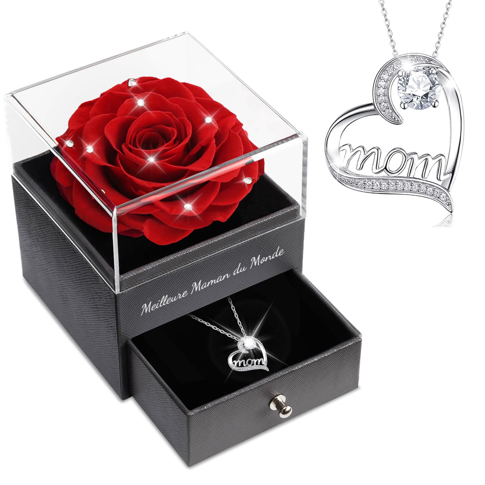 Sunia Cadeau Maman, Rose Eternelle avec Bijoux Argent 925 Collier, Collier Anniversaire Femme, Meilleure Maman du Monde, Coffret Rose Eternelle, Fleur Préservée Cadeau Fete des Meres Noel, Varie Rose