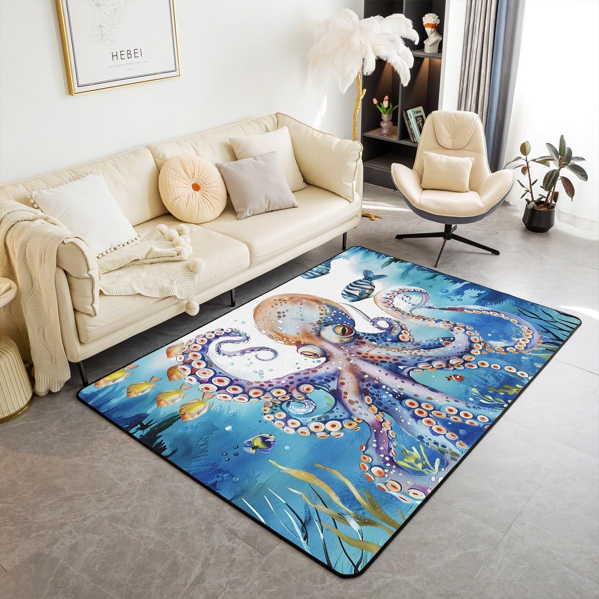 Erosebridal Octopus Area Rug,Ocean Marine Life Carpet for Kids,Sea Underwater World Indoor Floor Mat for Laundry Doorway Porch,Tropical Fish Decorative Rug 5x7 Washable