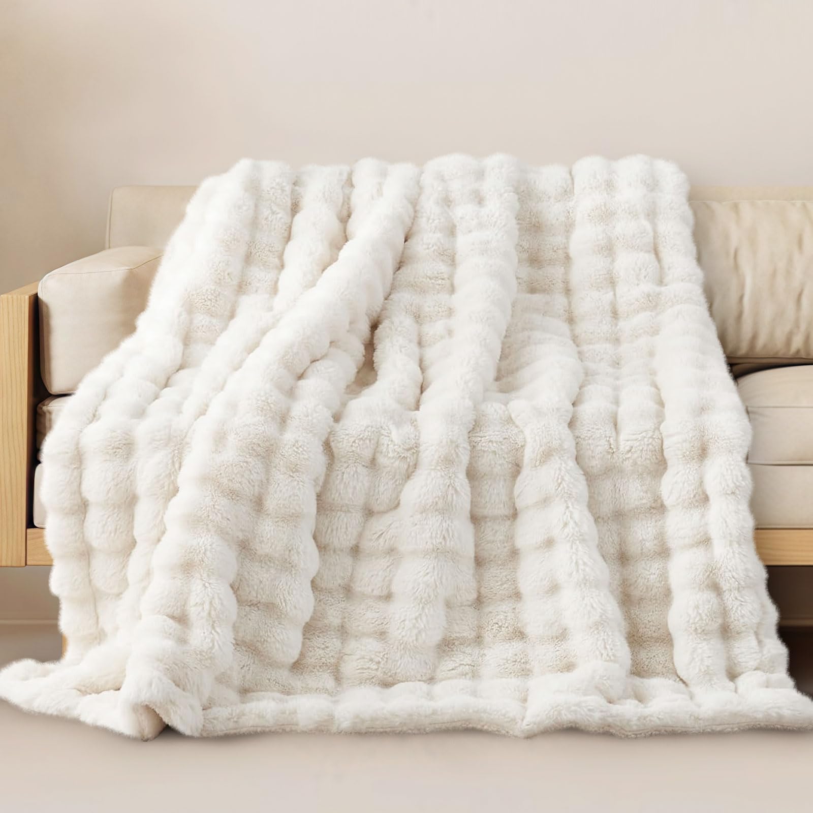 Coperta Plaid Super Morbida Pile Peluche di Coniglio Caldo e Spesso, Caldo accogliente divano tiro, Versatile Coperta Matrimoniale per Camera da Letto Viaggi (Bianco, W100 x L160CM)