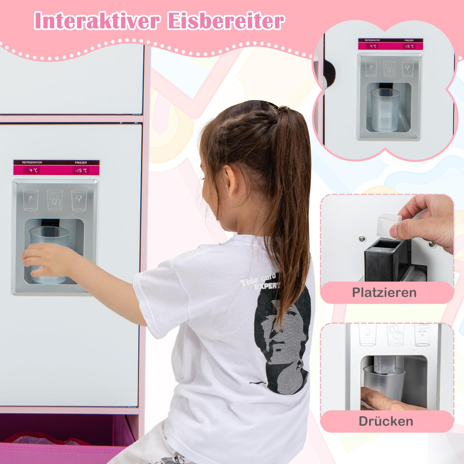 COSTWAY 2 in 1 Kinderküche & Kaufladen, Spielküche mit Licht und Sound, interaktiver Eismacher & Tafel, inkl. 82 Zubehörteile, doppelseitig, Spielzeugküche für Kinder ab 3 Jahren
