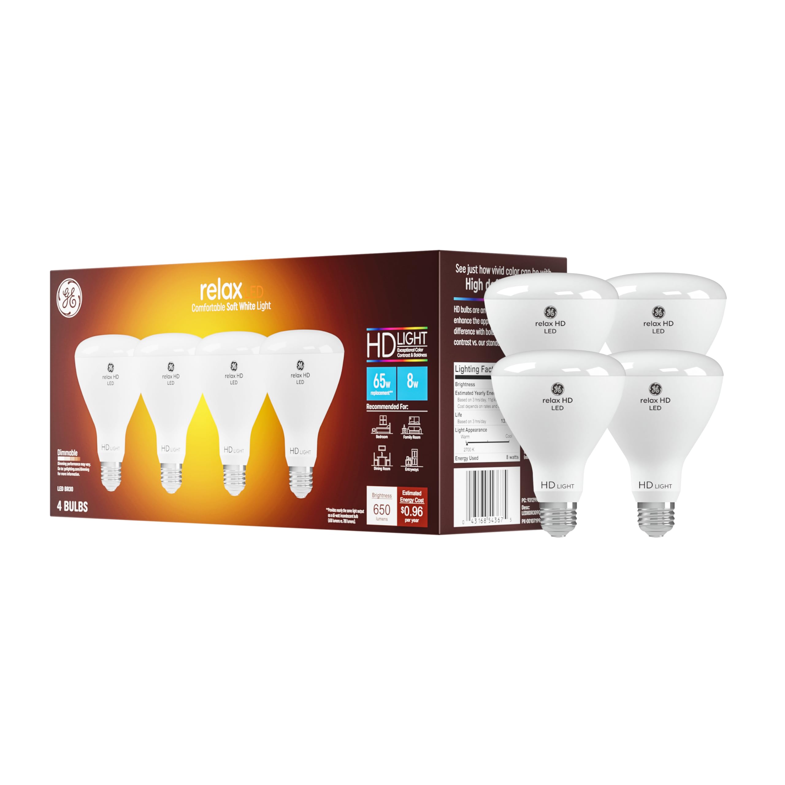 GE Relax LED Light Bulb, 65 Watt, Soft White, BR30 Indoor Floodlight (4 Pack)