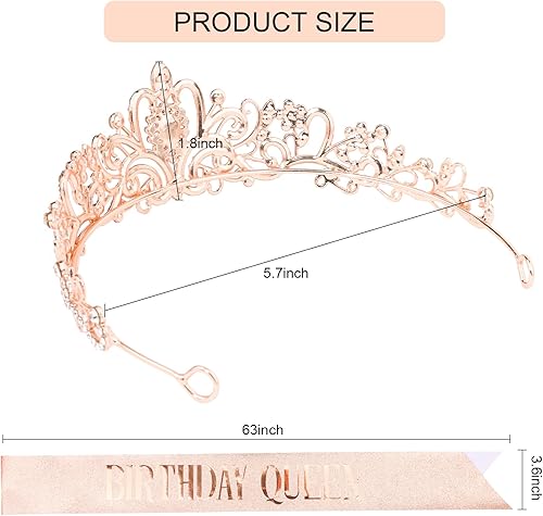 Miniatura 5 de CIEHER Corona de oro rosa de cristal + banda de reina de cumpleaños + pin de perla, corona de cumpleaños y banda de cumpleaños para mujer, banda de