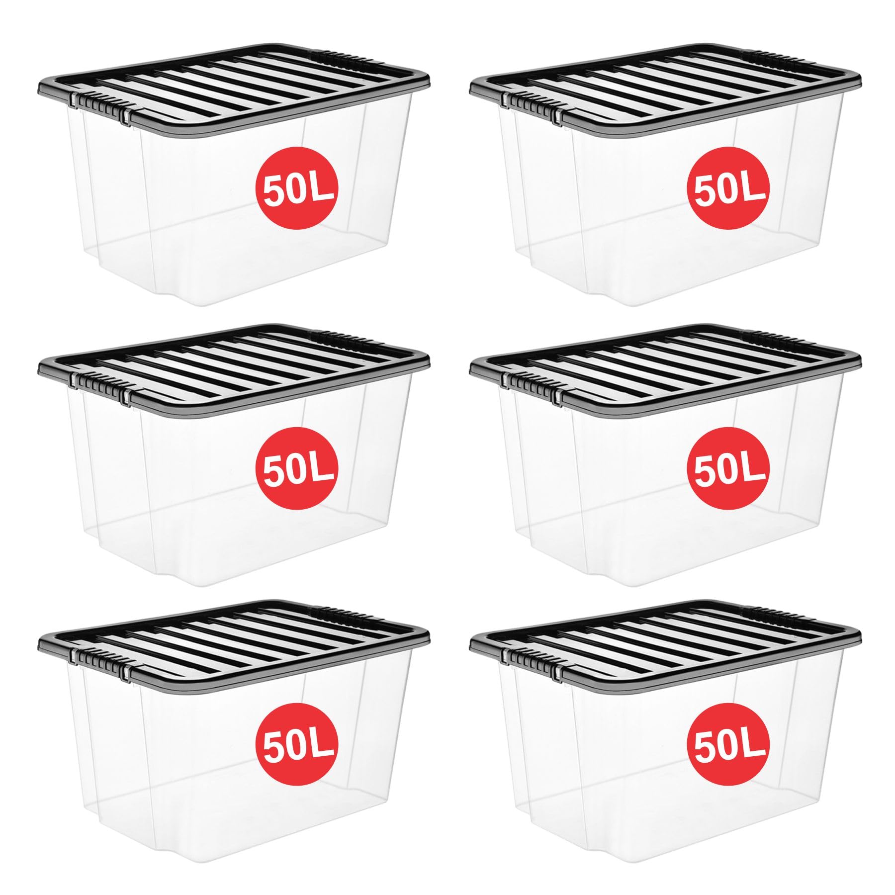 RelianceUK 6 X 50L Plastic Storage Box with Lid | 50 Litres Large Storage boxes with Lids Stackable Containers for Clothes Shoes Crafts - Ideal for Home Office Kitchen Garage (Black Lid, Pack of 6) — image 1