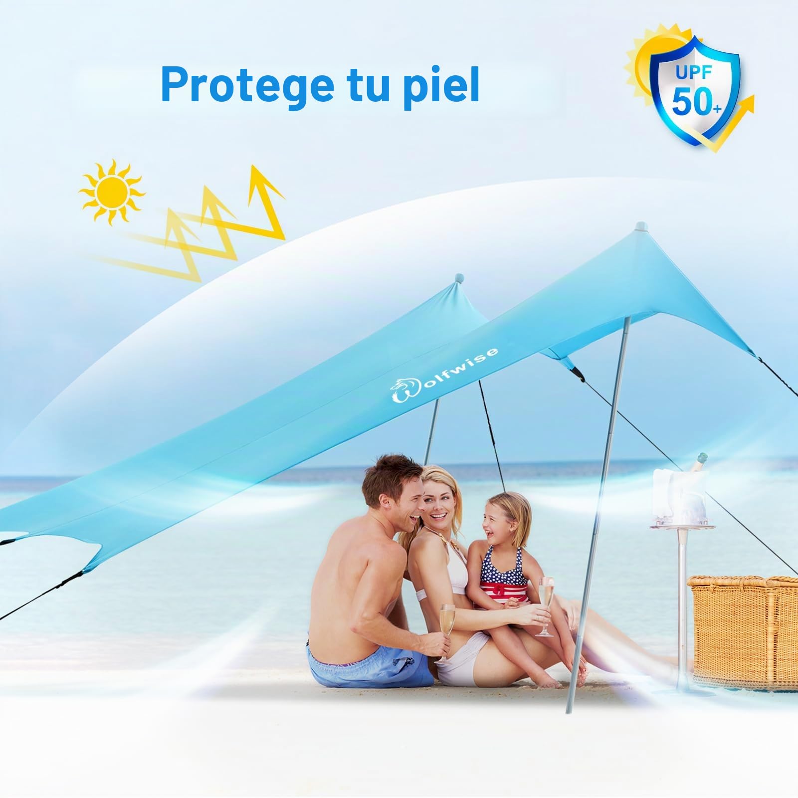 WolfWise UPF50+ Carpa de Playa con protección Solar, sombrilla para 2-6 Personas, fácil configuración, Resistente al Viento y Agua, toldo de Playa Azul