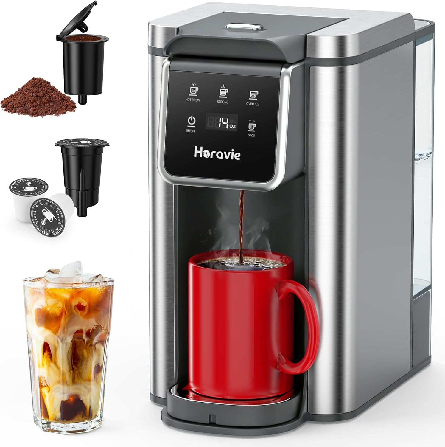 Single Serve Coffee Maker for K-Cup Pod and Grounds, Hot and Iced Coffee Maker, Strong Button Feature, 6 to 14oz Brew Sizes, 50oz Removable Tank, Up to 6.5 Inch Cup, Stainless Steel, Grey