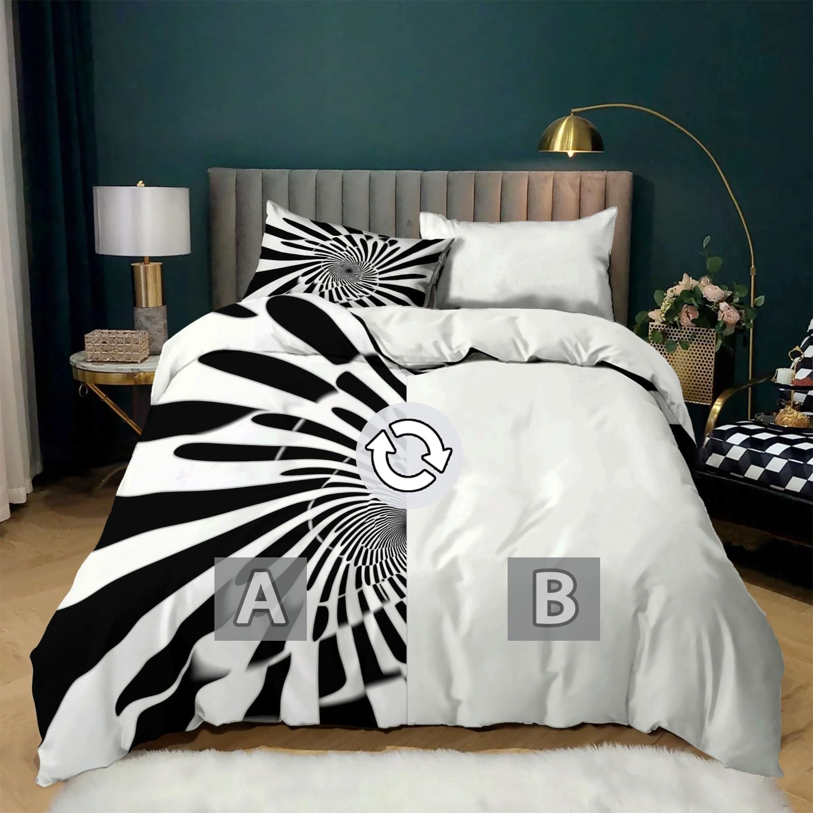 Poszwa na kołdrę 240 x 220 cm z 2 poszewkami na poduszki - Dwustronne spiralne linie iluzja optyczna zestaw pościeli dla dorosłych - 100% mikrofibra komplet pościeli dla 2 osób, biały