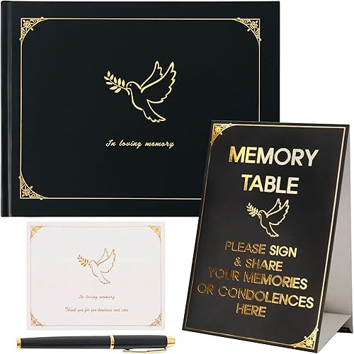Funeral Guest Book, Funeral Hardcover, Black Guest Book for Funeral Hardcover, Black Pen, Memory Table Card Sing and 20 Thank You Cards Included
