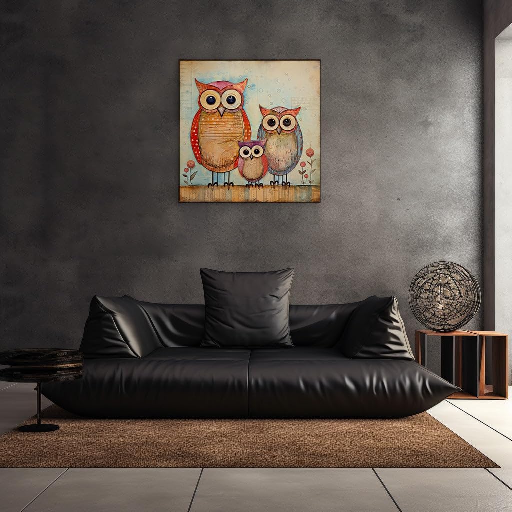 Canvas for Living room. Whimsical Trio: A Vibrant Family of Owls in a Kaleidoscopic World, 27 x 18 inch Canvas Wall Art - Contemporary Masterpieces - Nature Home Decor - 69x46 cm (27x18 inch)