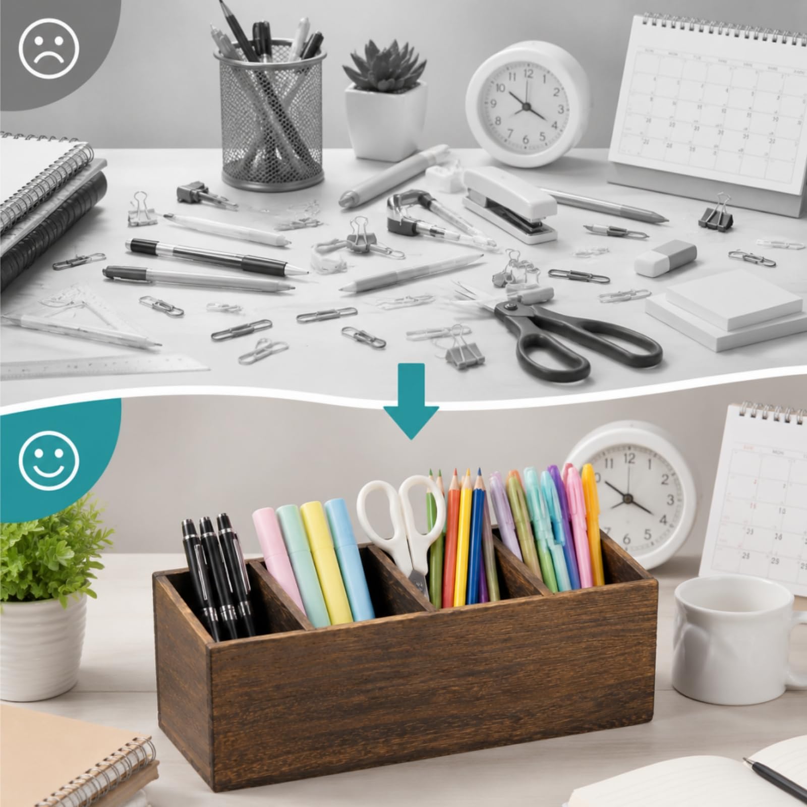 Dicunoy Paquete de 2 soportes de madera para lápices para aula, soporte de madera para control remoto, organizador de mesa rústico de estilo retro con 4 compartimentos para suministros de arte,