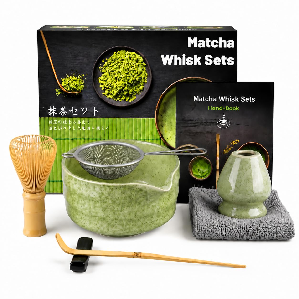 Muexoee 7 Pcs Matcha Set,Matcha Tea for Making Breakfast/Latte,Whisk Set and Bowl with All Accessories,Authentic Tea Ceremony,Blunt-Nosed Threaded Green Bowl, Stirrer Green — image 1