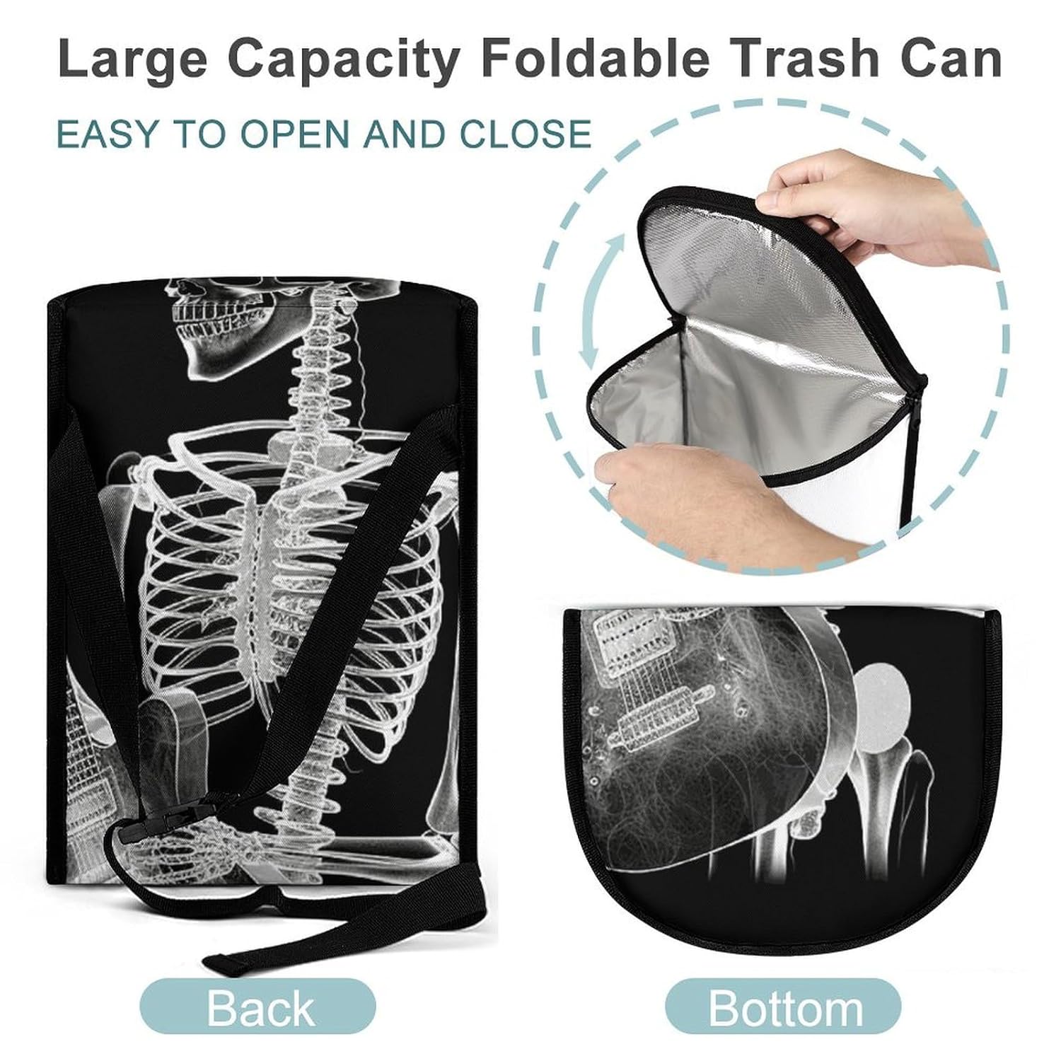 Hanging Car Trash Bag Skeleton Playing Guitar Printed Car Garbage Storage Bag Leakproof Car Trash Can Portable Garbage Storage Bags