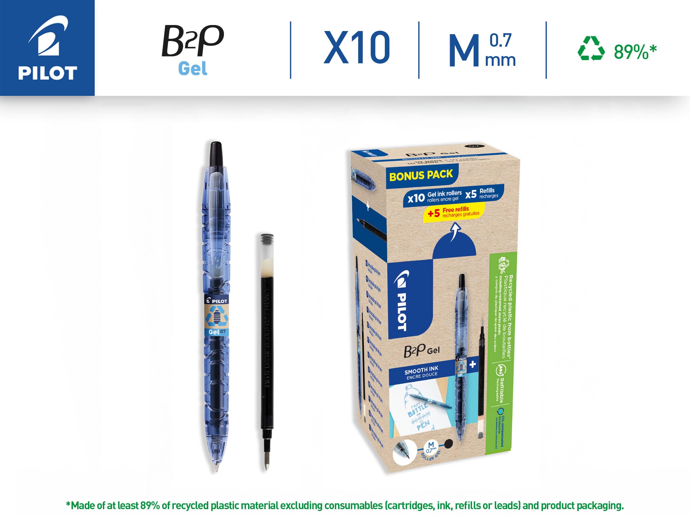 PILOT - 10er-Set B2P Gel + 5 Nachfüllungen + 5 Gratis - Tintenroller - Einziehbar und Nachfüllbar - Recycelter Kunststoff - Schwarz - Mittlere Spitze