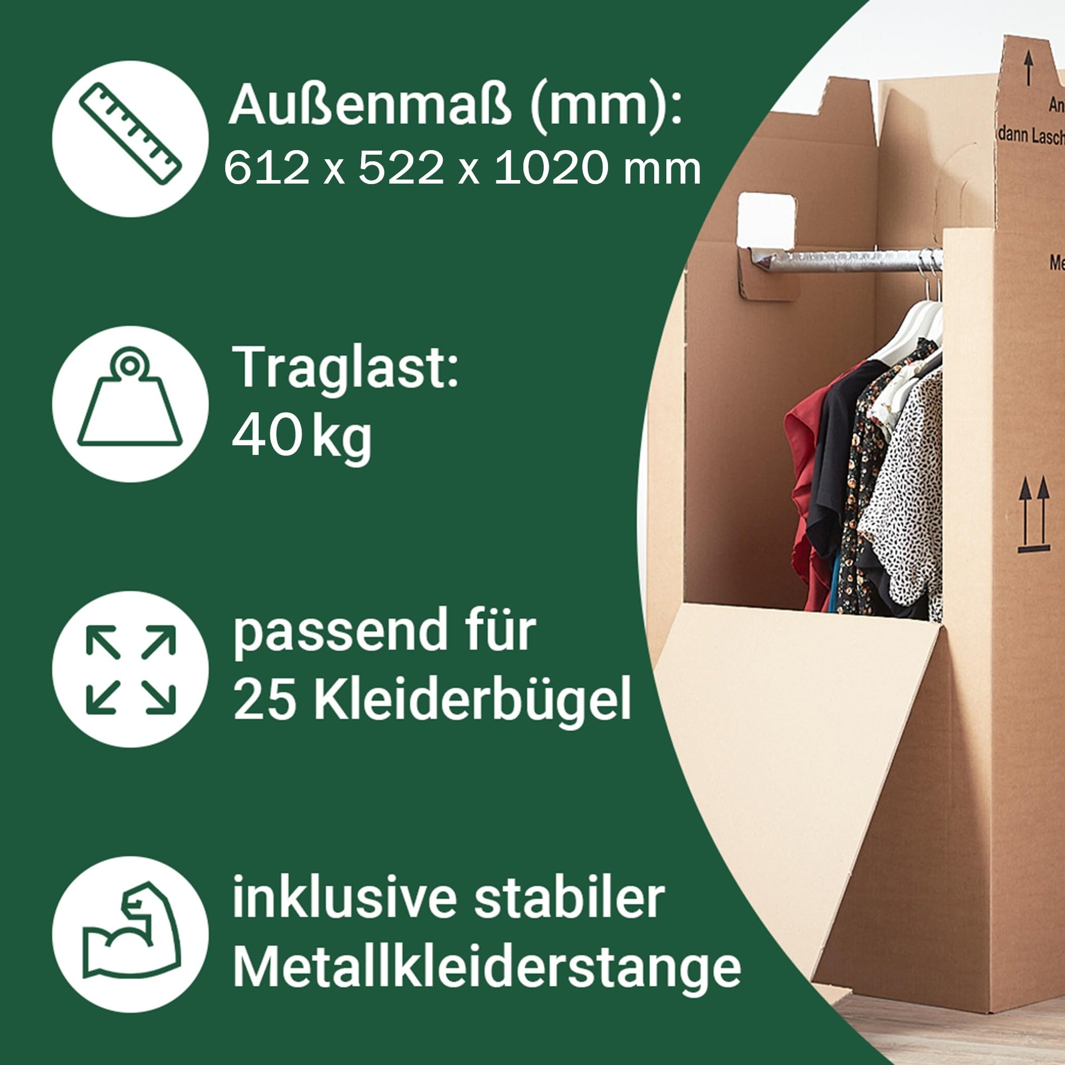 BB-Verpackungen 4x Kleiderbox MINI 612 x 522 x 1020 mm 2-wellig (4 Stück) - praktischer Kleiderkarton mit Metallstange, einfach aufzubauen und 40kg Traglast