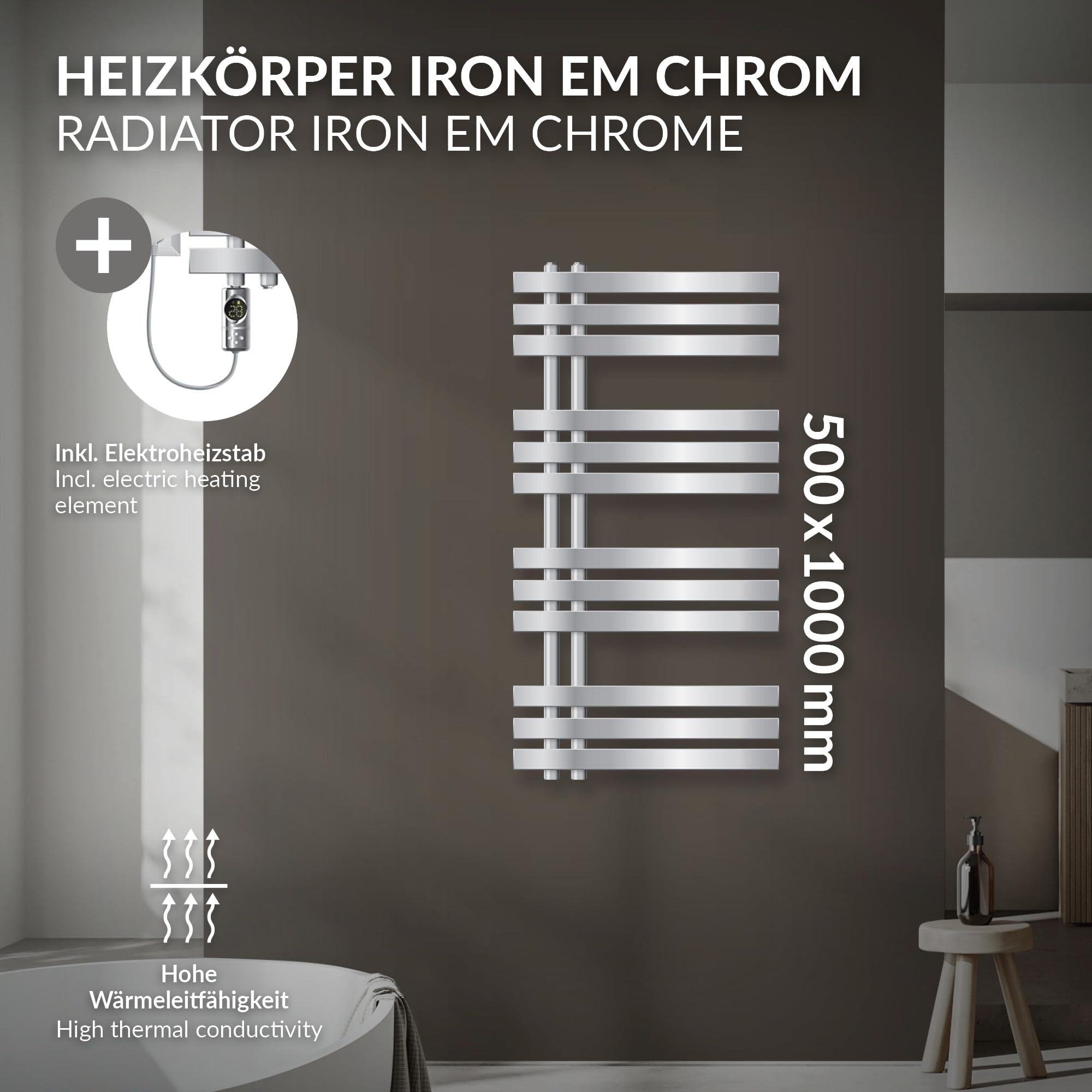 LuxeBath Radiador Eléctrico Iron EM 500 x 1000 mm Cromado, Estufa Toallera Vertical con Elemento Calefactor 300W Termostato de Pantalla Digital, Calentador de Pared de Diseño Moderno para Baño