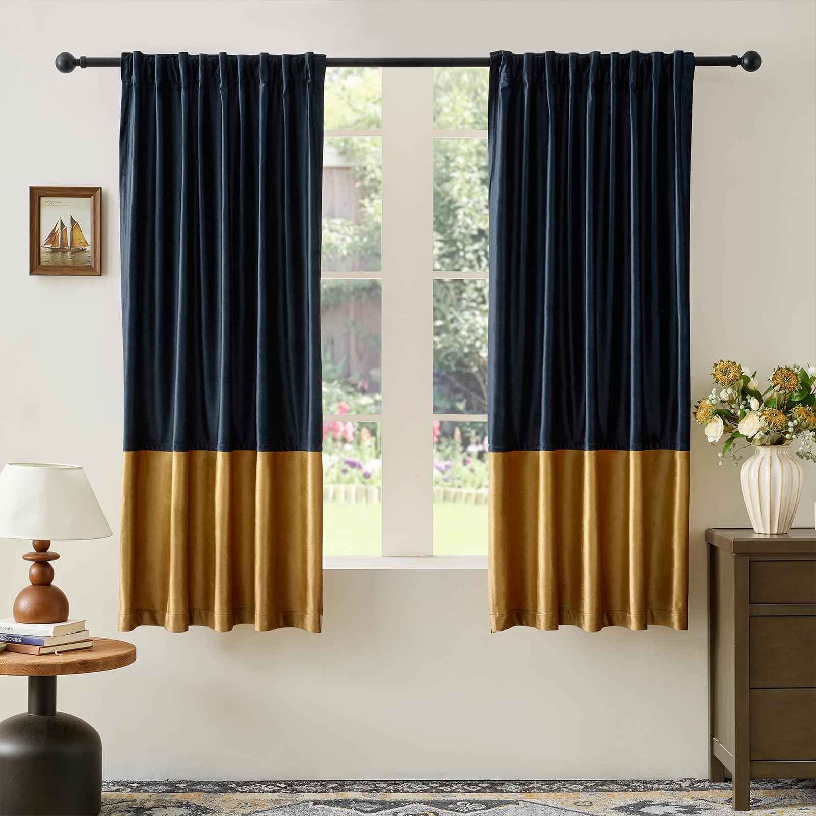Samtvorhänge für Wohnzimmer, Marineblau, Gold, 160 cm lang, 2 Paneele, Verdunkelungsvorhänge, Moderne Farbblock-Rückseite, Schlaufentasche, schalldichte Vorhänge für Schlafzimmer, Fensterdekoration