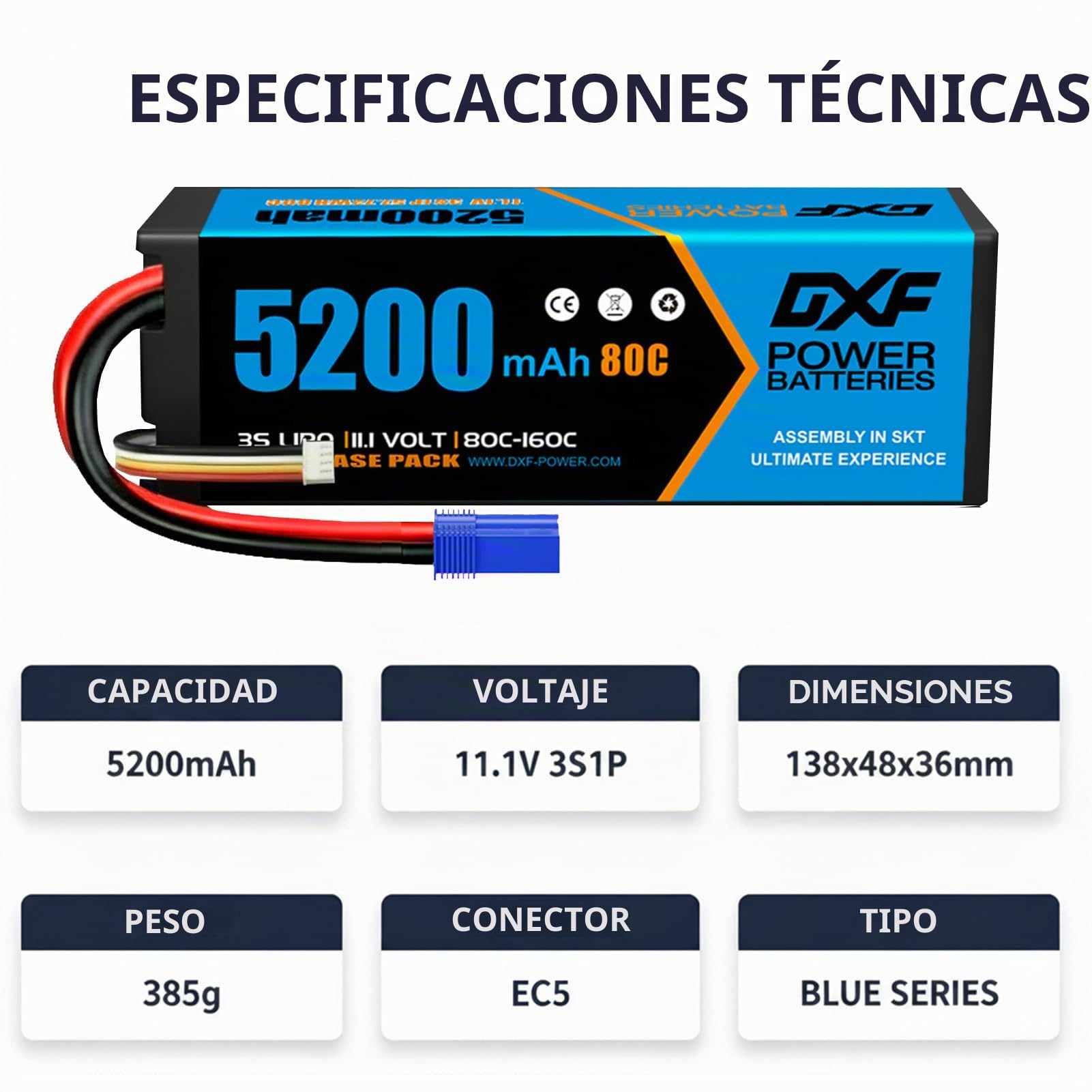 DXF 2 Pack Batería LiPo 3S 11.1V 5200mAh 80C Conector EC5 Helicóptero Avión Coche RC Barco Drone Multirotor Buggy Truggy 1/8 1/10 Polímero Litio Alta Descarga Brushless