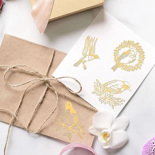 Miniatura 5 de OLYCRAFT 9 calcomanías de patrón de pájaro de 1.6 x 1.6 pulgadas, diseño de rama de pájaro, flor, autoadhesivas, calcomanías doradas, temáticas de