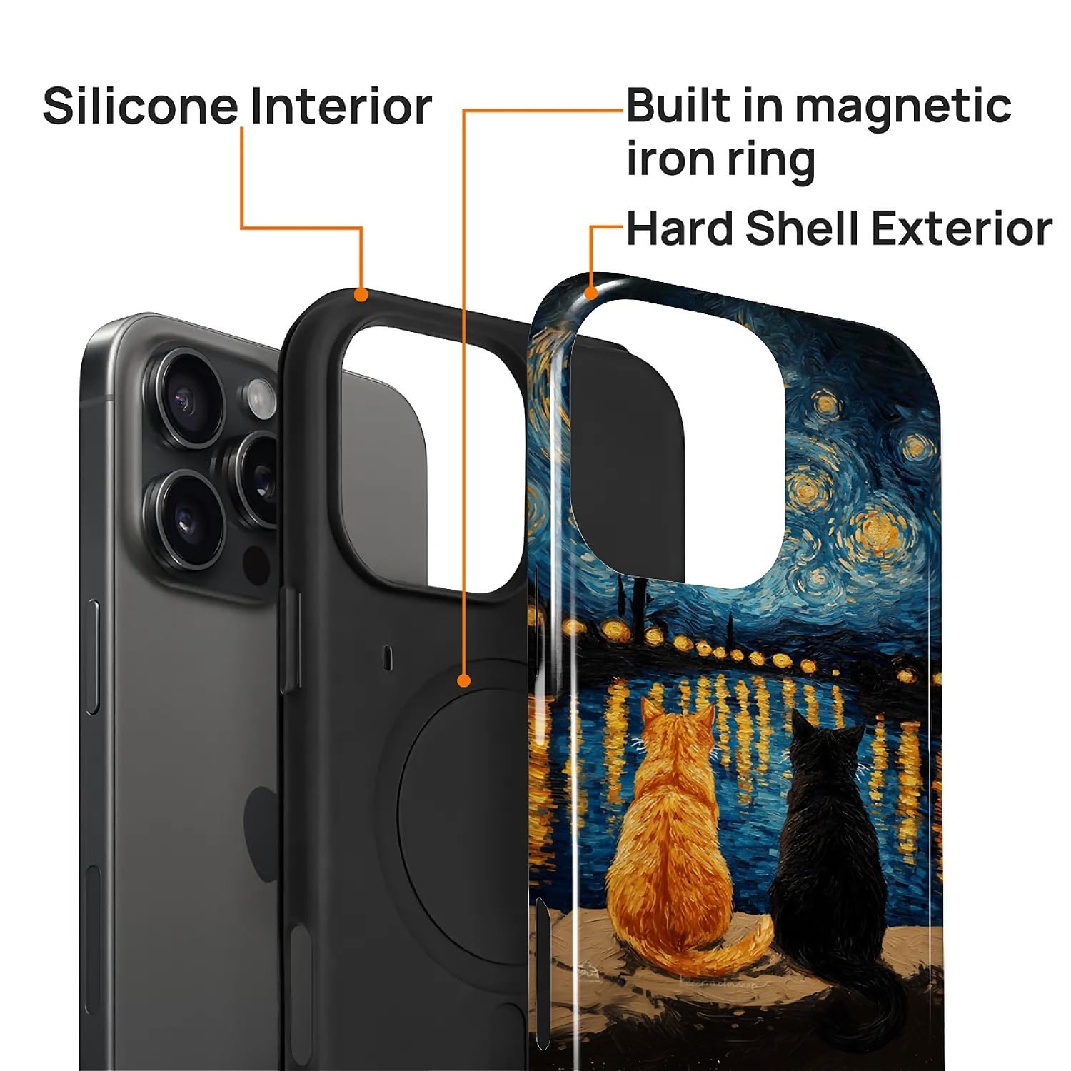 CARLOCA Custodia protettiva lucida per iPhone 16 Pro, compatibile con Magsafe, custodia protettiva lucida per ragazza e ragazzo, antiurto, carica magnetica, motivo pittura a olio, arancione e nero