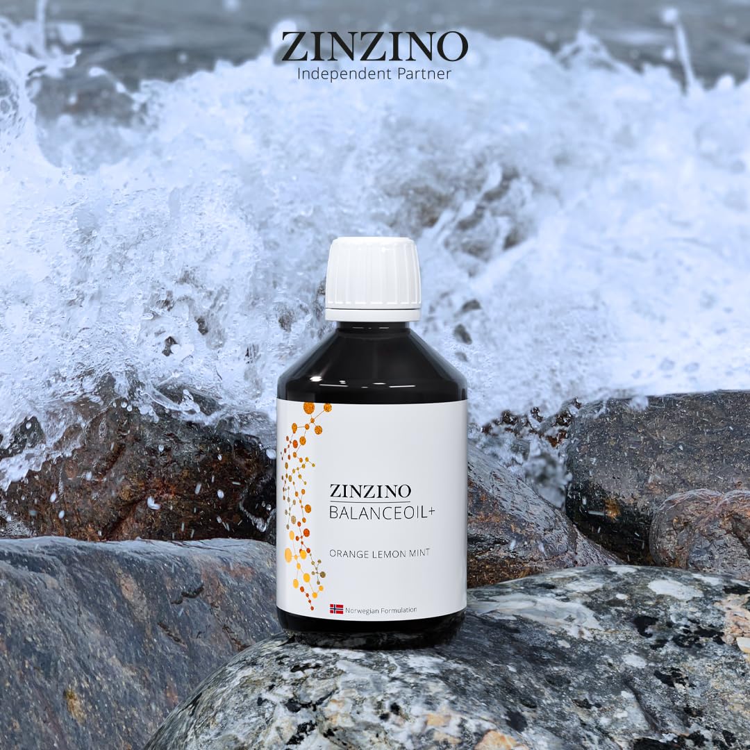 ZinZino BalanceOil+ Fischöl mit Omega-3 2478 mg, Omega-9, Vitamin D3, Tocopherol, DHA, EPA mit Olivenöl Geschmack Orange-Zitrone-Minze, 300 ml