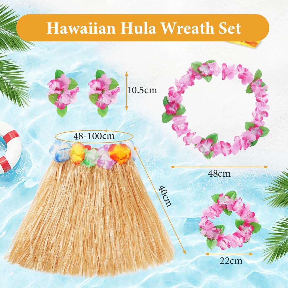 Aomig Jupe Hula à Feuilles, 5 Pièces Jupe Hawaïenne en Herbe avec Collier/Fleurs d'hibiscus Artificielles/Lunettes de Soleil, Jupe Hawaiian en Feuilles de Palmier pour Plage Fête Hawaïenne Luau Tiki
